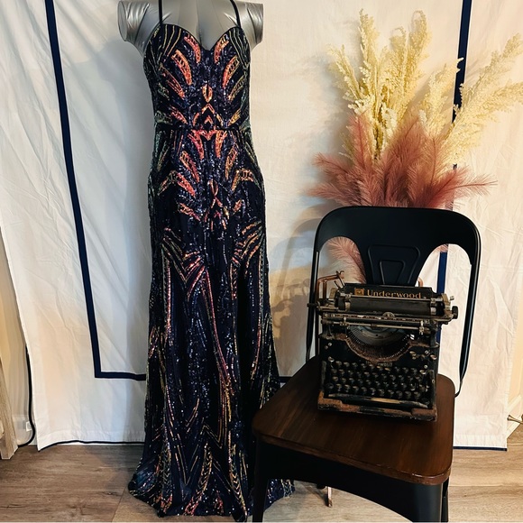 Jules & Cleo sz 12 dress sequin thigh slit low back unaltered - Picture 3 of 5